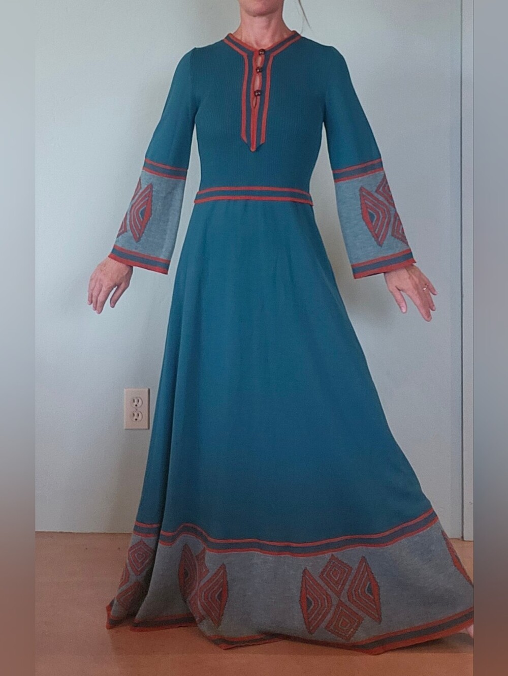 STUNNING vintage 70s teal knit maxi sweater dress S southwestern hippie desert
